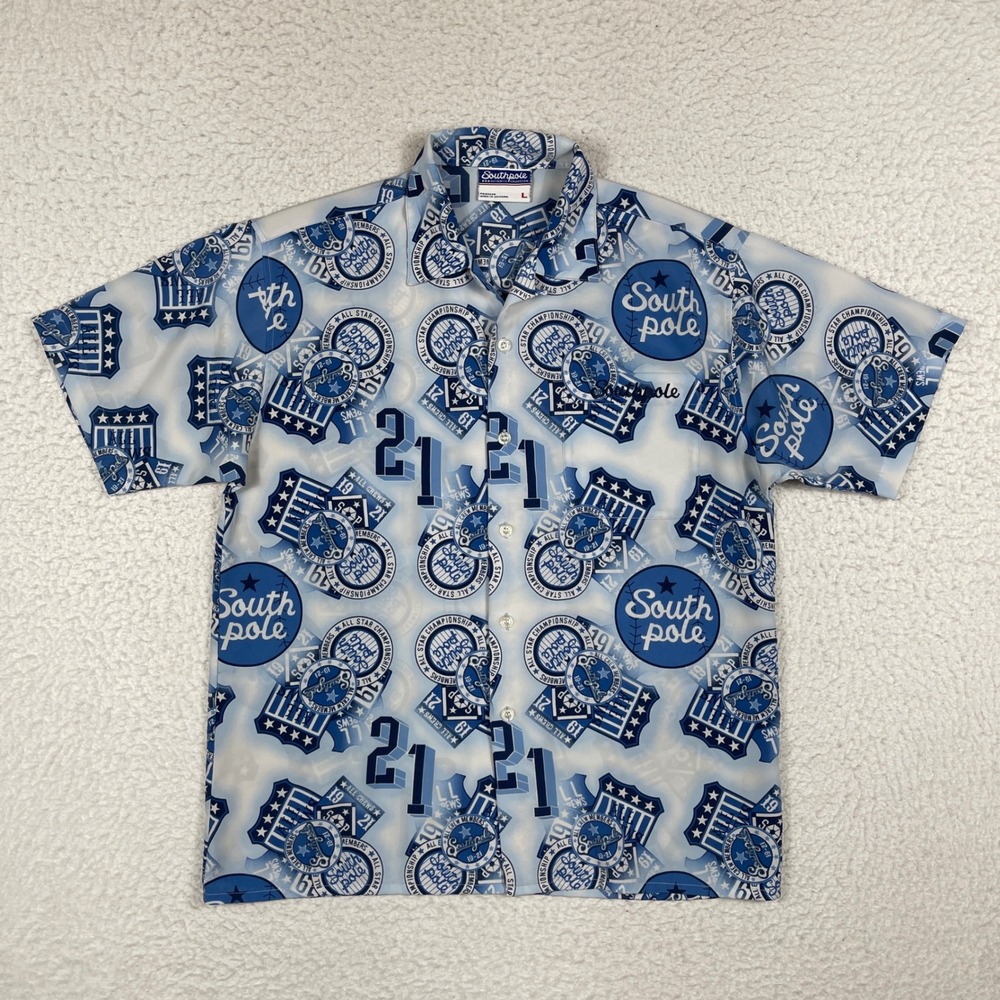 Southpole Button Up Shirt Mens Large Blue White All Over Print Streetwear Y2K